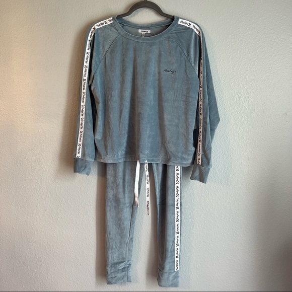 Hurley Womens Light Blue Ribbed Velour Lounge Wear Pajama Set